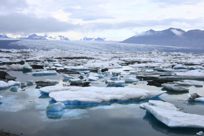 Scenic view of frozen lake against sky during winter