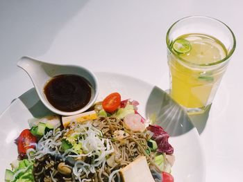 High angle view of meal served on table