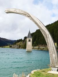 Bell tower in lake at graun im vinschgau