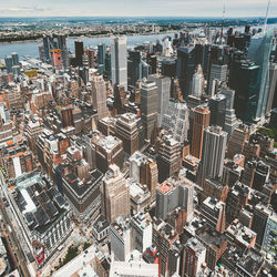 High angle view of modern buildings in city