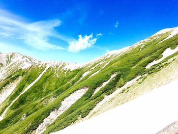 Scenic view of mountains against blue sky