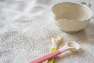 High angle view of ice cream in bowl on table