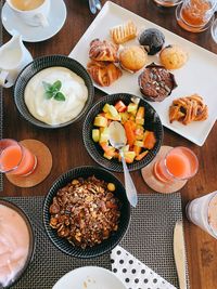 High angle view of breakfast served on table