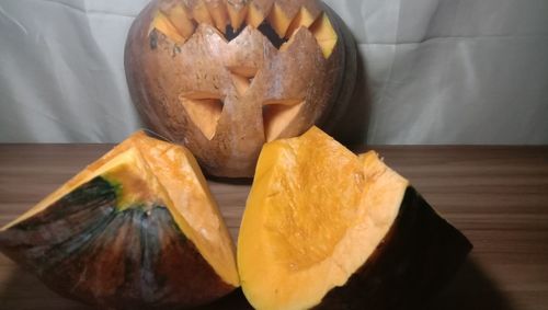 High angle view of pumpkin on table