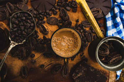 High angle view of objects on table