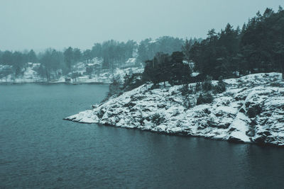 Scenic view of lake against sky during winter