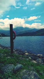 Scenic view of lake against cloudy sky