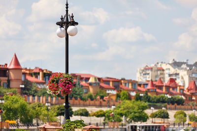 A street pillar with two ball plafond is decorated with a beautiful blooming petunia on a summer day