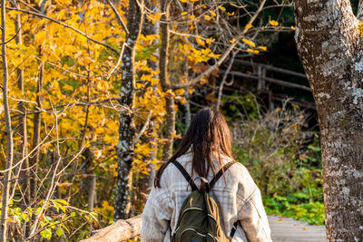 Girl on wooden footpath in plitvice lakes national park in croatia in autumn