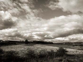 Scenic view of field against cloudy sky