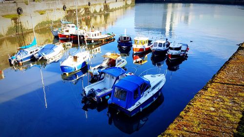 High angle view of boats moored in water