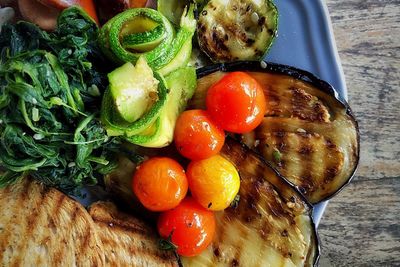 High angle view of fruits in plate on table