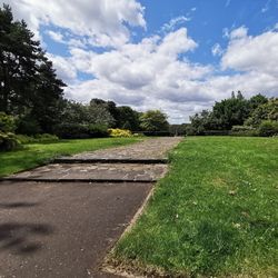 Footpath amidst trees on field against sky