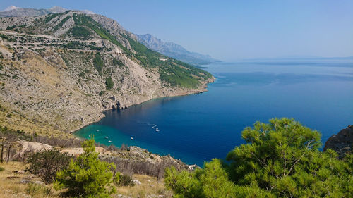 High angle view of bay against clear blue sky