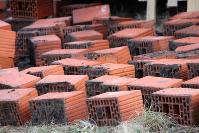 High angle view of stack of building bricks