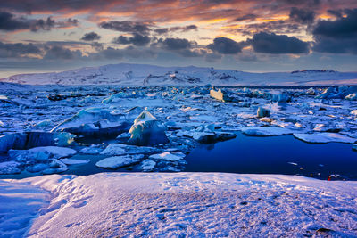 Snow covered landscape against sky during sunset