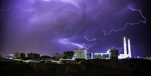 Lightning over buildings in city at night