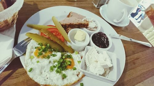 High angle view of breakfast on table