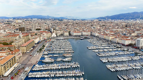 High angle view of cityscape against sky