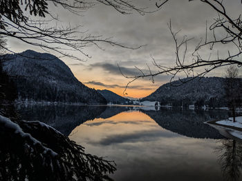 Scenic view of lake against sky during sunset