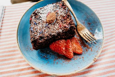 High angle view of cake in plate on table