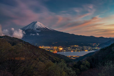 Scenic view of snowcapped mountains against sky during sunset