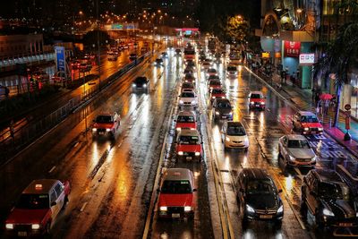 High angle view of traffic on road at night