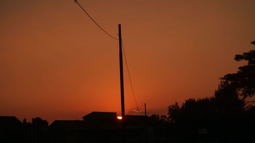 Low angle view of silhouette trees against orange sky