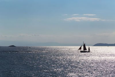 Sailboat sailing on sea against sky
