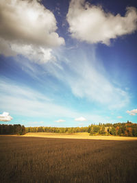 Scenic view of agricultural field against cloudy sky