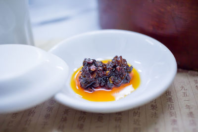 Close-up of dessert in plate on table