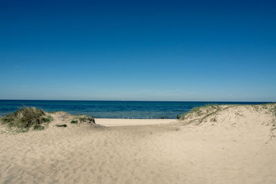 Scenic view of beach against clear blue sky