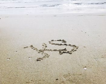 High angle view of text on sand at beach