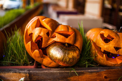 Halloween pumpkin jack o lanterns with funny faces.