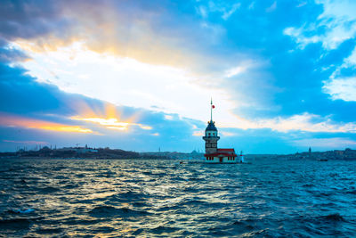 Lighthouse by sea against sky