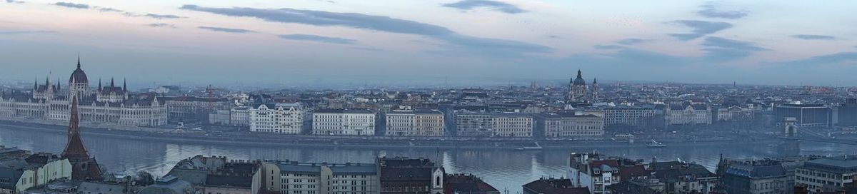 High angle view of city buildings at dusk