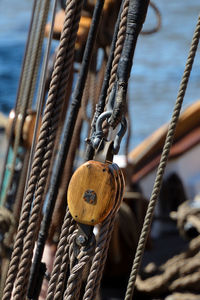 Close-up of rope tied to bollard