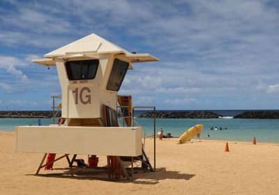 Lifeguard hut on beach against sky