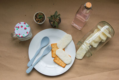 High angle view of breakfast served on table