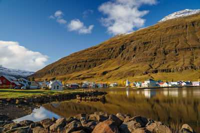 Scenic view of lake and mountains against sky
