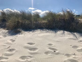 Footprints on sand at beach against sky