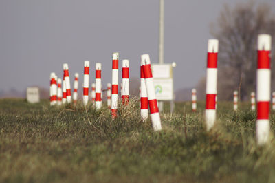 Surface level of poles on landscape against clear sky