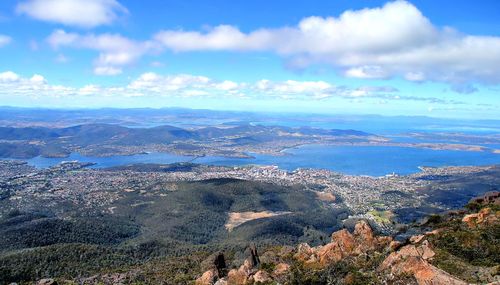 Aerial view of landscape and sea against sky