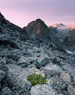 Scenic view of mountains against sky during sunset