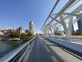 Bridge over river by buildings against clear sky