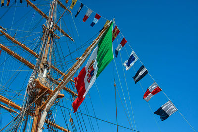 Low angle view of flags against clear blue sky