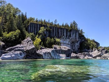 Scenic view of sea against clear blue sky