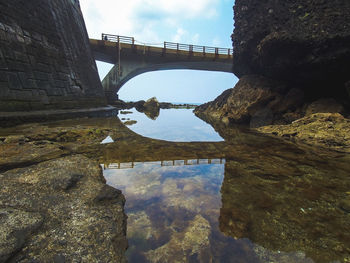 Arch bridge over river against sky