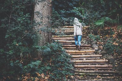 Woman standing on tree trunk