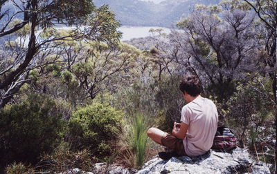 Man sitting on rock against trees